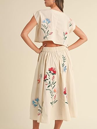 Women Floral Embroidery Dress Sleeveless 2 Piece Tank Top and Skirt Loose Fit Boho Dress