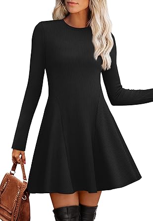 Sweater Dress for Women Fall 2025 Long Sleeve Crew Neck Ribbed Knit Fit and Flare A-Line Dresses