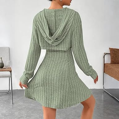 Sweater Dress for Women Two Piece Outfits Rib Knit Hooded Long Sleeve Crop Top and Flared Short Tank Dress Set